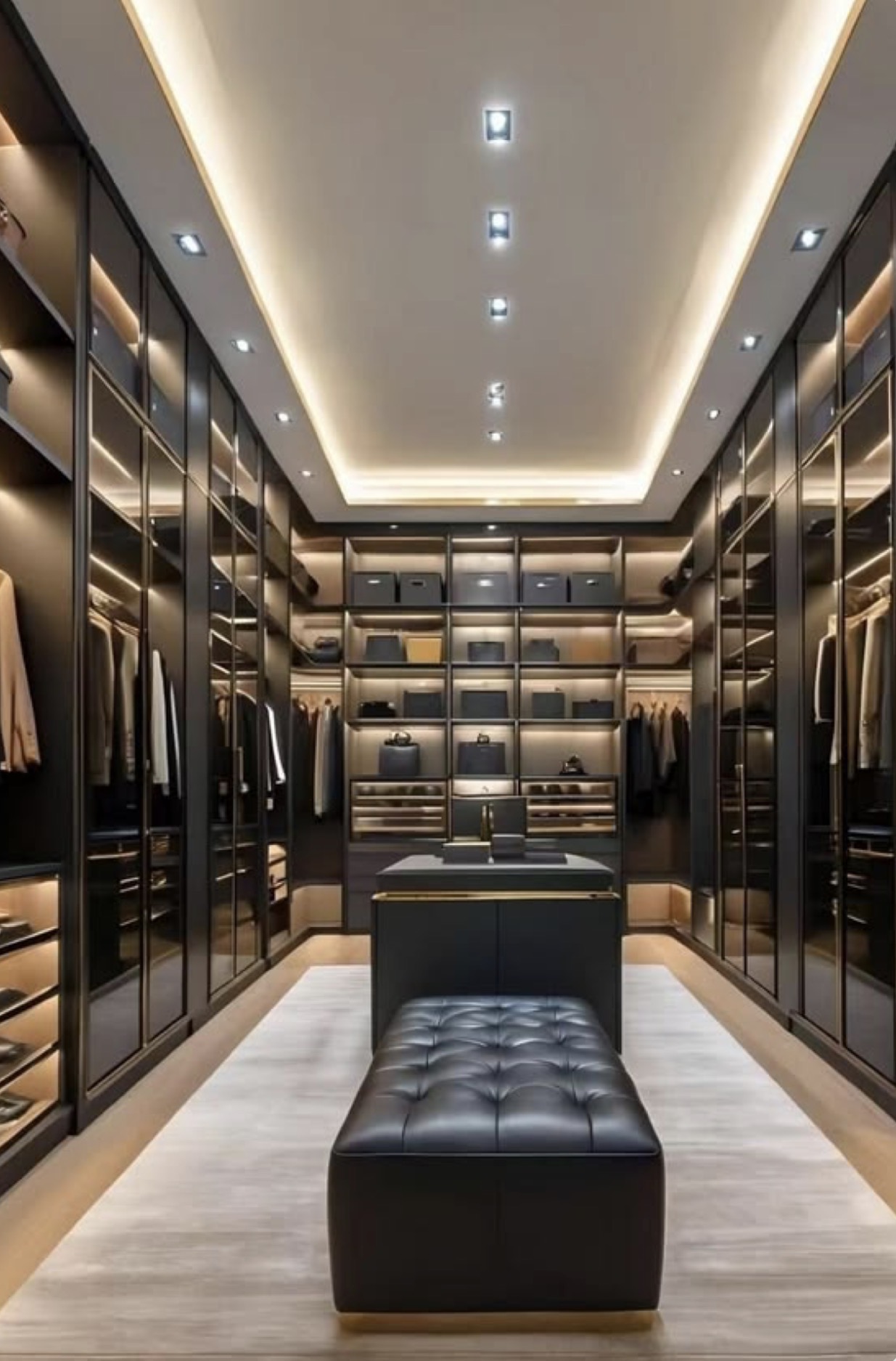 Bespoke dark walk-in closet with glass doors