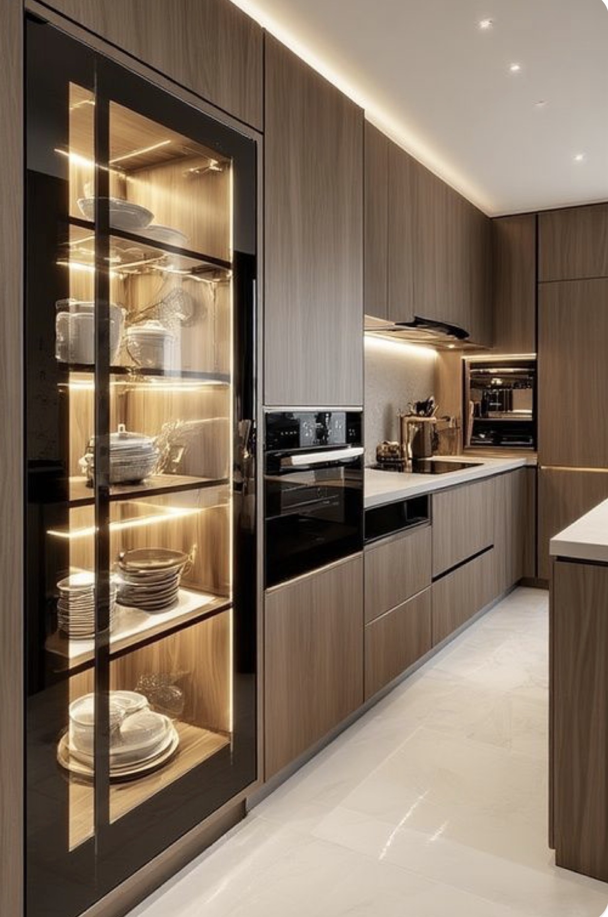 Walnut kitchen with illuminated glass display cabinet