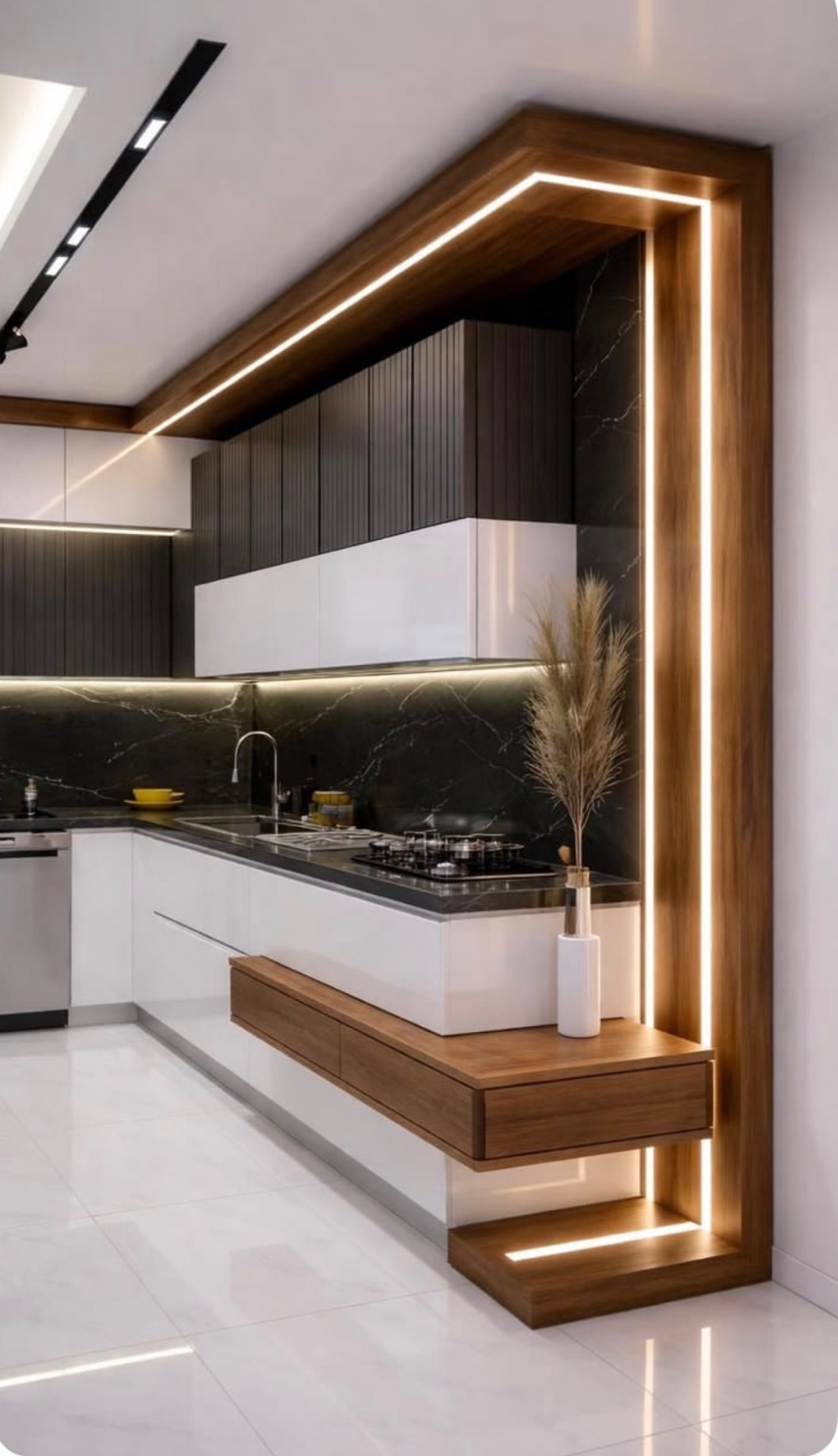 Modern white and walnut kitchen with LED accent lighting