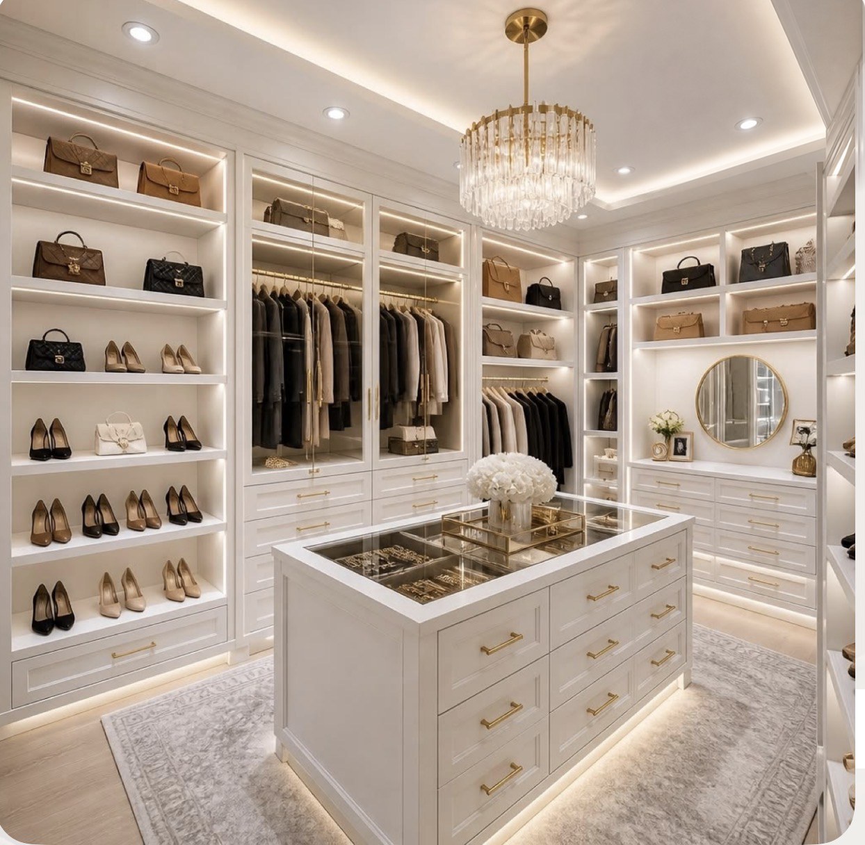 Bright white walk-in closet with crystal chandelier and gold accents