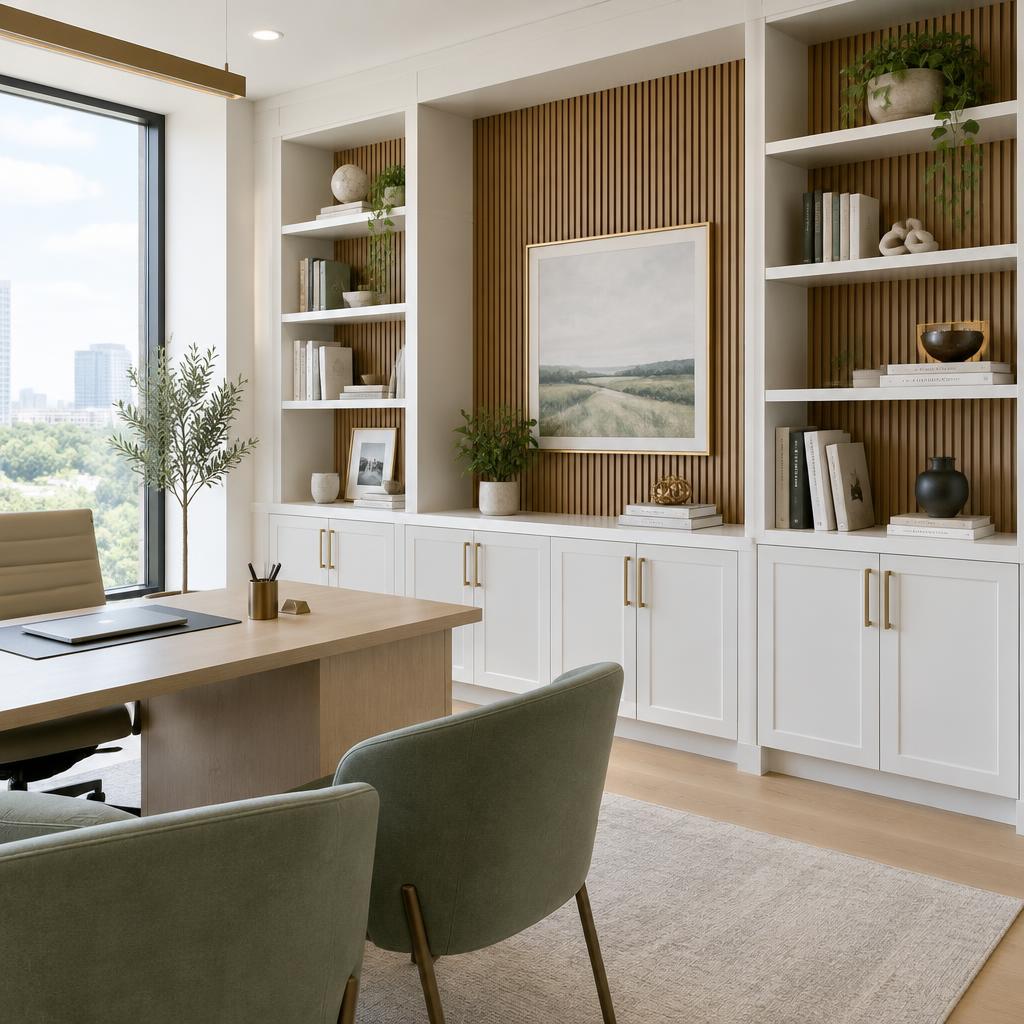 White built-in office cabinetry with oak fluted panel and brass hardware